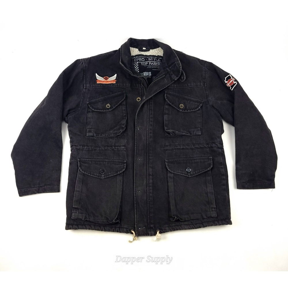 Denim‎ Jacket L 90s Retro Style EFRO Style Cotton Warm Harley Davidson Patches